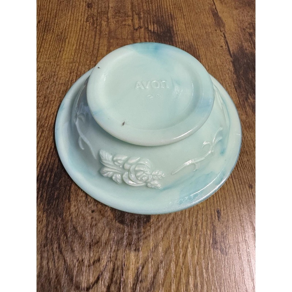 Vintage 70's Avon Aqua Milk Glass Vanity Bowl Floral Trinket Tray Jewelry Dish - Picture 6 of 14
